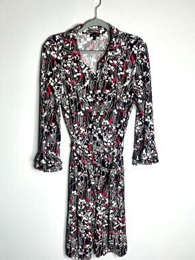 Talbots Red Floral Button-Up Liquid Knit Shift Dress Tie Waist Bell Sleeves L